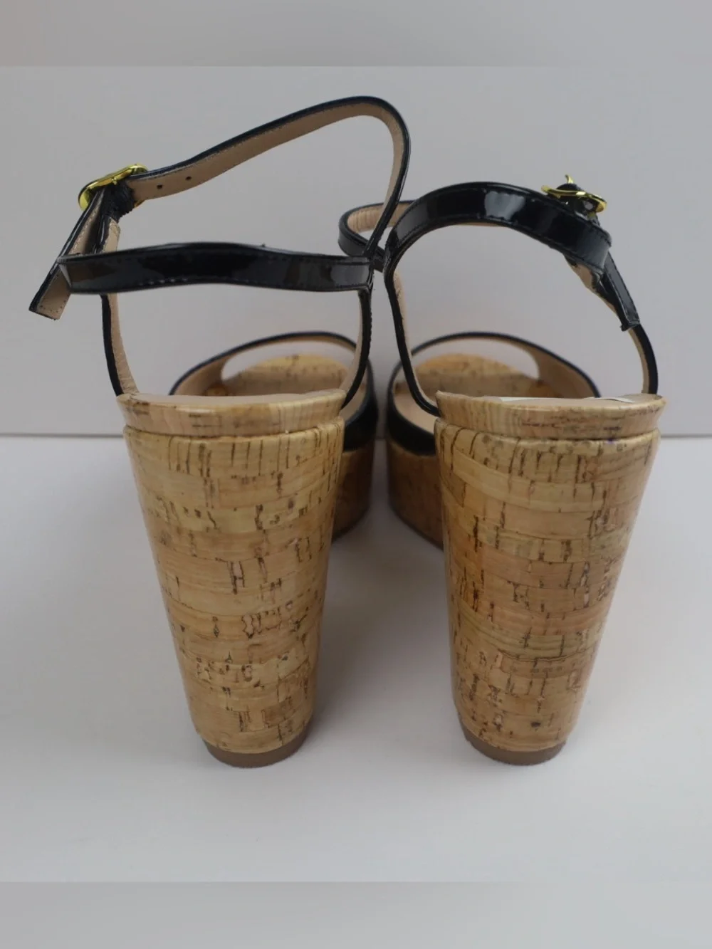 Stuart Weitzman Palmina Black Patent Leather Cork Wedge Sandal- 10- 0513